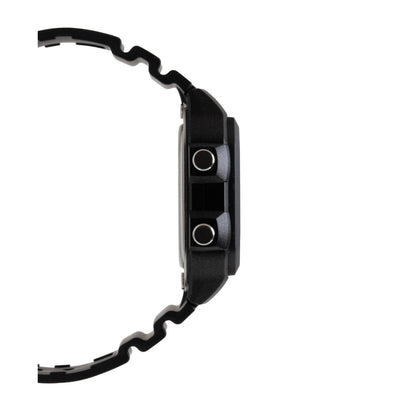 Casio AE-1200WH-1A digital watch side profile with black resin case showing push buttons and durable construction