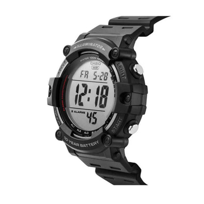 Casio AE1500WH-1AV digital watch with large LCD display, black resin case with front buttons and black resin strap shown at an angle.