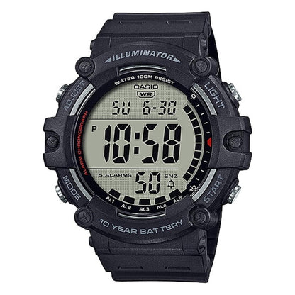 Casio AE1500WH-1AV digital watch with large LCD display, black resin case, front buttons and black resin strap.