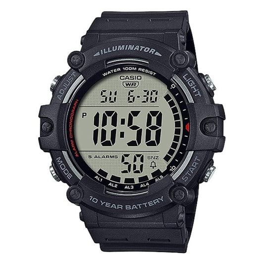 Casio AE1500WH-1AV digital watch with large LCD display, black resin case, front buttons and black resin strap.