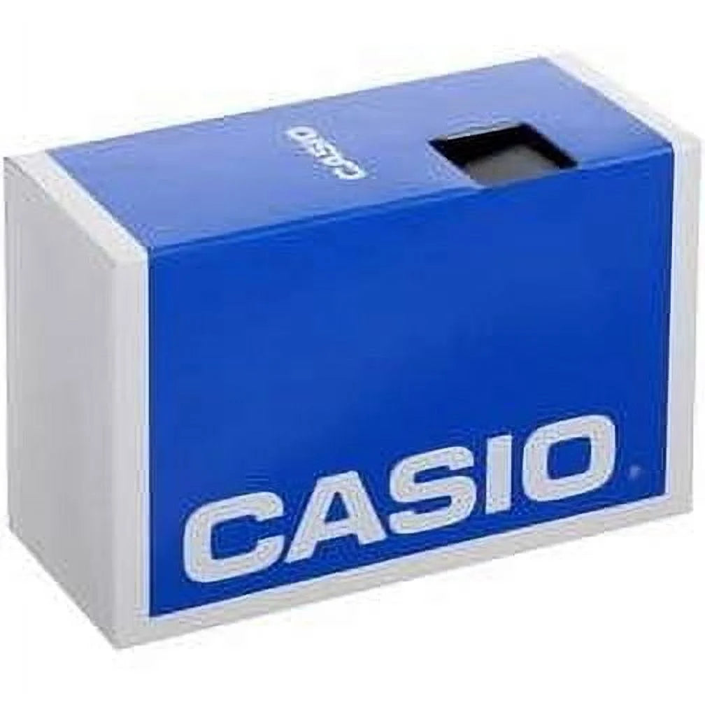 Caja original Casio para reloj, color azul y blanco con logo grande, vista lateral.