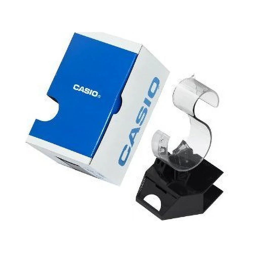 Caja original Casio azul y blanca acompañada de expositor/transparente para relojes, vista en diagonal.