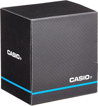 Caja original Casio de reloj, color negro con textura y líneas azules, vista en ángulo.