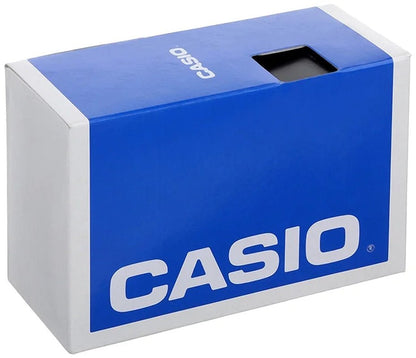 Caja original Casio azul y blanca con logo grande, vista en ángulo lateral.