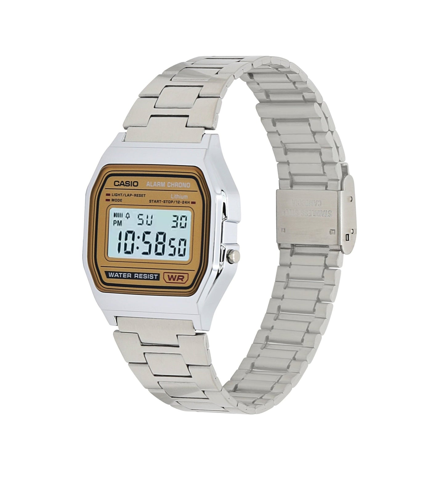 Casio Digital Classic vintage watch with digital display, stainless steel case and stainless steel bracelet shown at an angle.