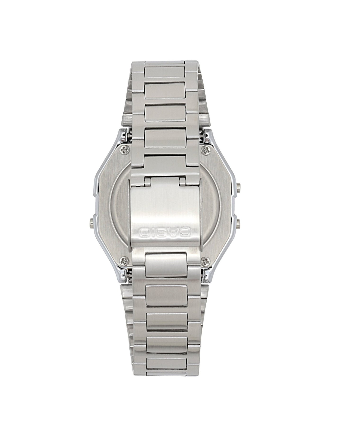 Casio Digital Classic vintage watch with stainless steel caseback and stainless steel bracelet with clasp detail.