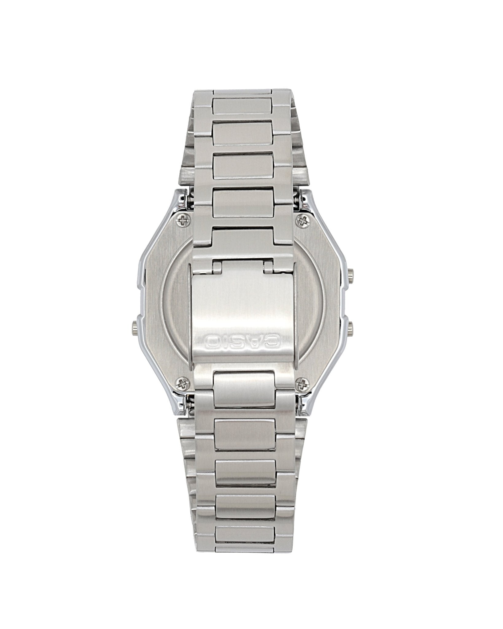 Casio Digital Classic vintage watch with stainless steel caseback and stainless steel bracelet with clasp detail.