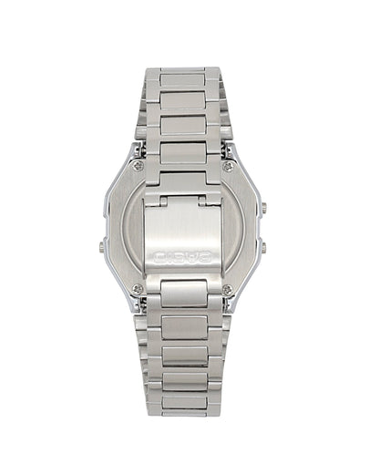 Casio Digital Classic vintage watch with stainless steel caseback and stainless steel bracelet with clasp detail.
