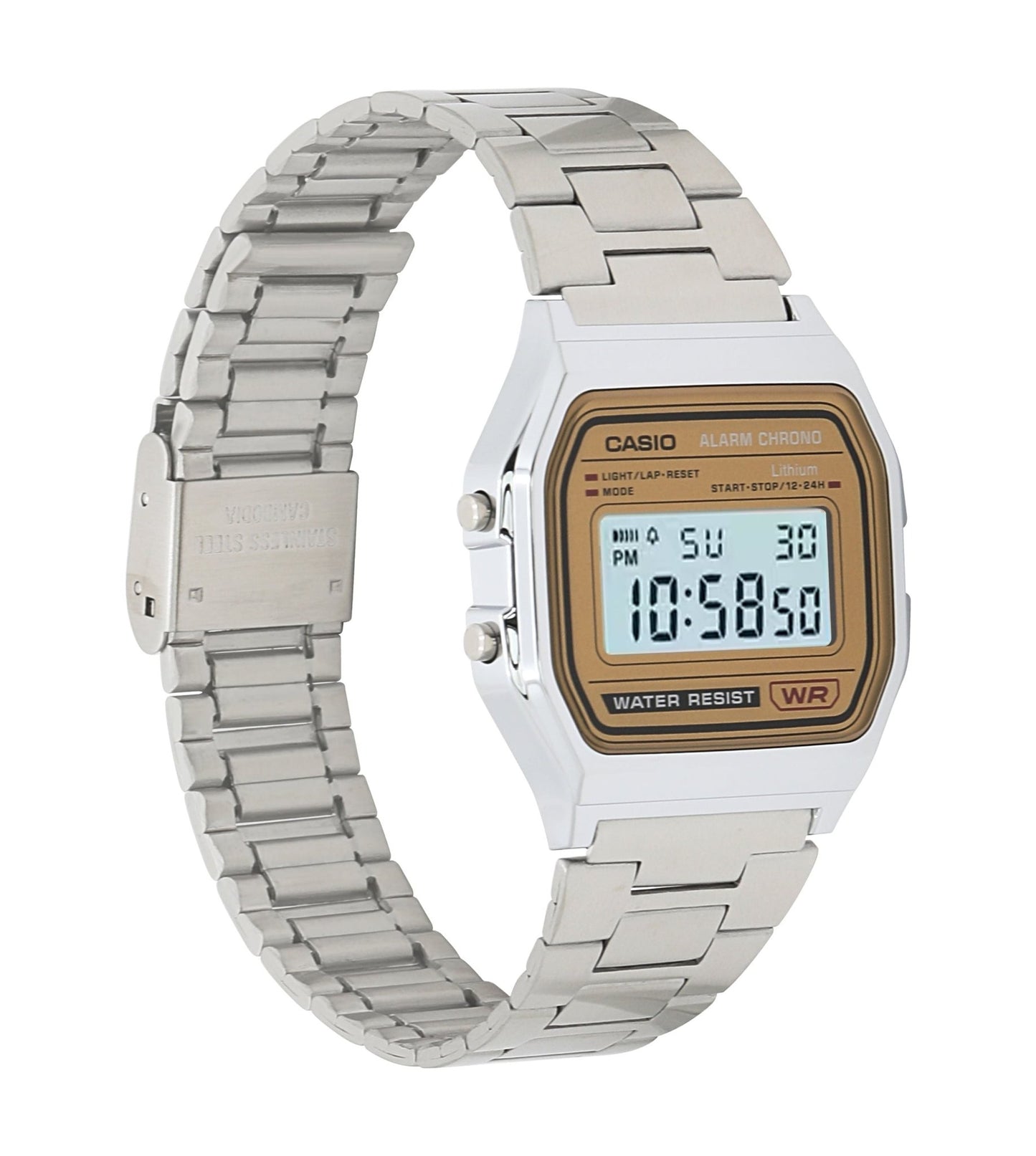 Casio Digital Classic vintage watch with digital display and stainless steel bracelet shown from side angle.
