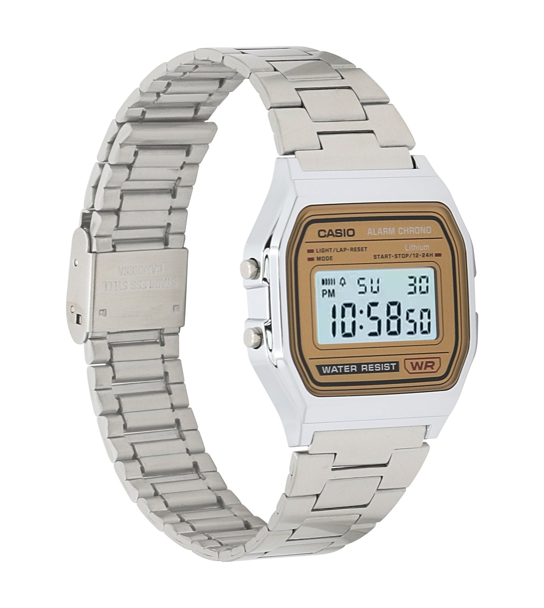 Casio Digital Classic vintage watch with digital display and stainless steel bracelet shown from side angle.