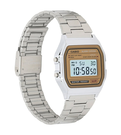 Casio Digital Classic vintage watch with digital display and stainless steel bracelet shown from side angle.