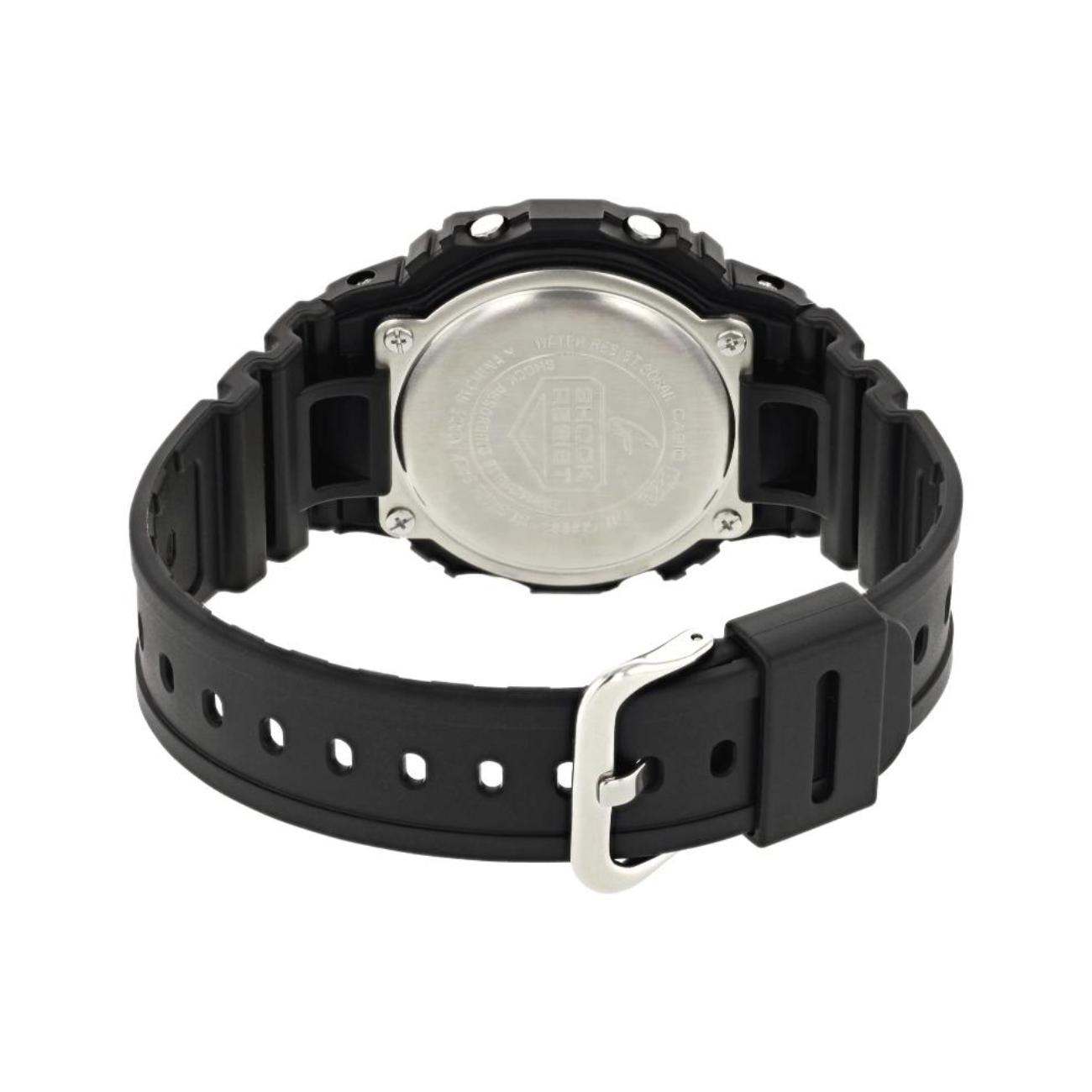 Casio DW-5600E-1V G-Shock with stainless steel caseback and black resin strap with buckle detail.