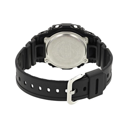 Casio DW-5600E-1V G-Shock with stainless steel caseback and black resin strap with buckle detail.