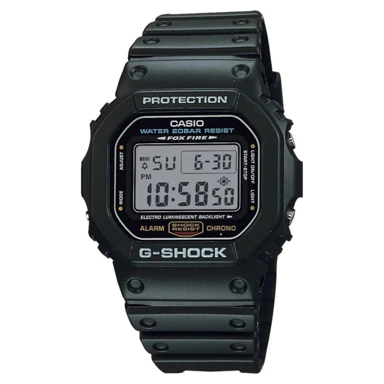 Casio DW-5600E-1V G-Shock digital watch with black resin case, digital display and shock resistant design.