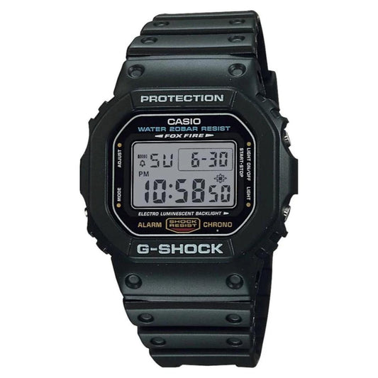 Casio DW-5600E-1V G-Shock digital watch with black resin case, digital display and shock resistant design.