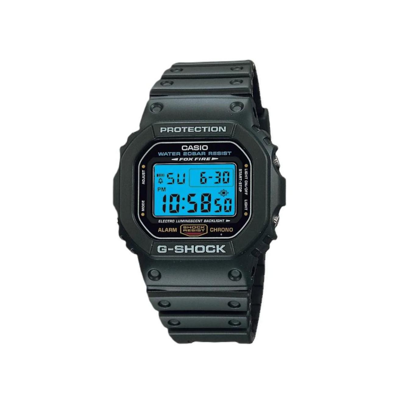 Casio DW-5600E-1V G-Shock digital watch with illuminated blue backlight display and black resin case.