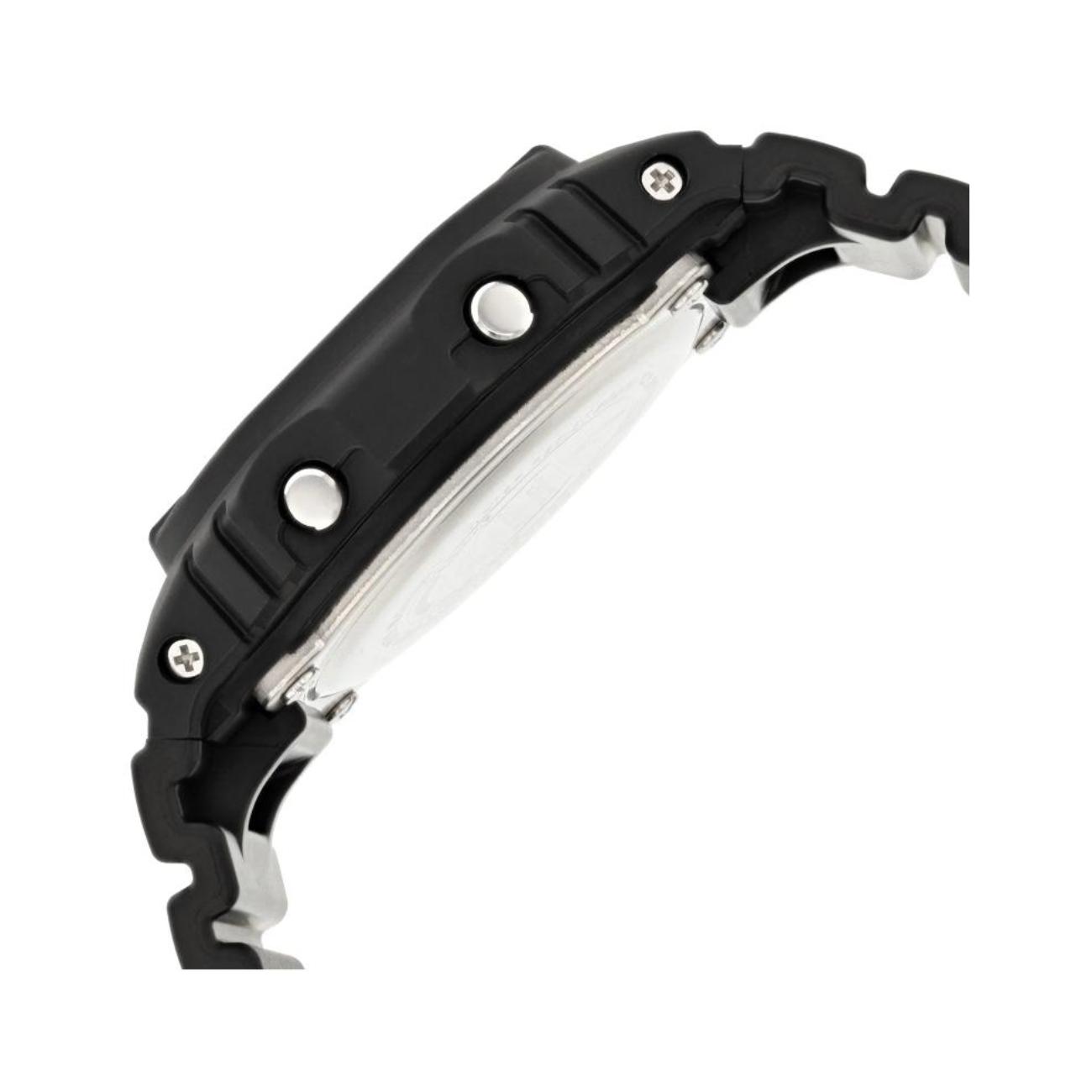 Casio DW-5600E-1V G-Shock side profile showing black resin case, buttons and shock resistant design.