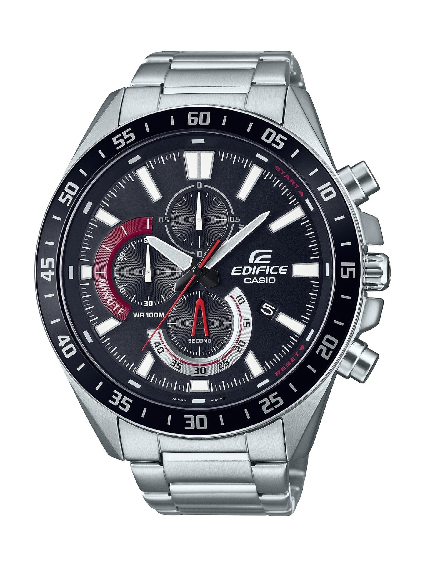 Reloj Casio Edifice de acero inoxidable, esfera negra cronógrafo y detalles rojos, visto de frente.