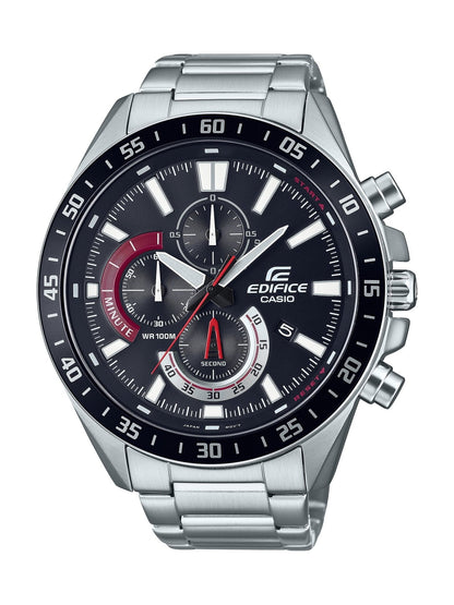 Reloj Casio Edifice de acero inoxidable, esfera negra cronógrafo y detalles rojos, visto de frente.