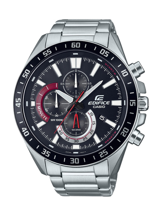 Reloj Casio Edifice de acero inoxidable, esfera negra cronógrafo y detalles rojos, visto de frente.