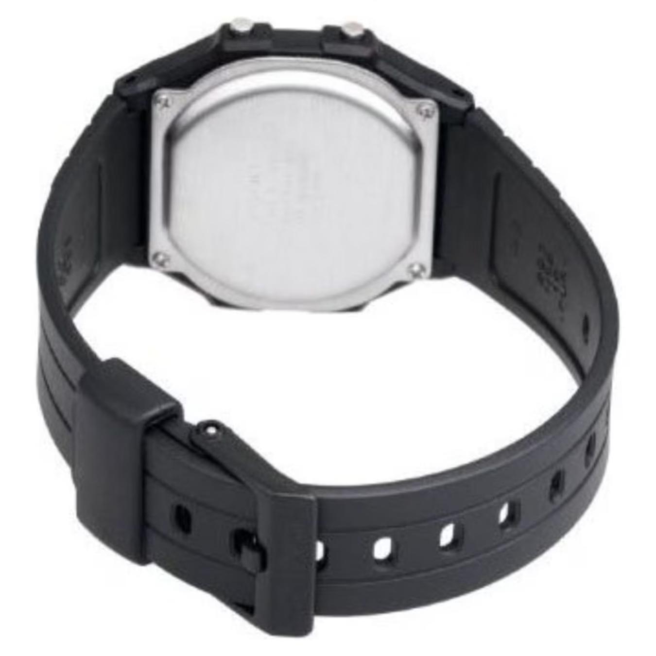Casio F108WH-1ACF digital watch with stainless steel caseback and black resin strap shown in rear angle with adjustable buckle and durable design