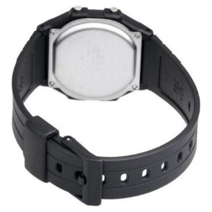 Casio F108WH-1ACF digital watch with stainless steel caseback and black resin strap shown in rear angle with adjustable buckle and durable design