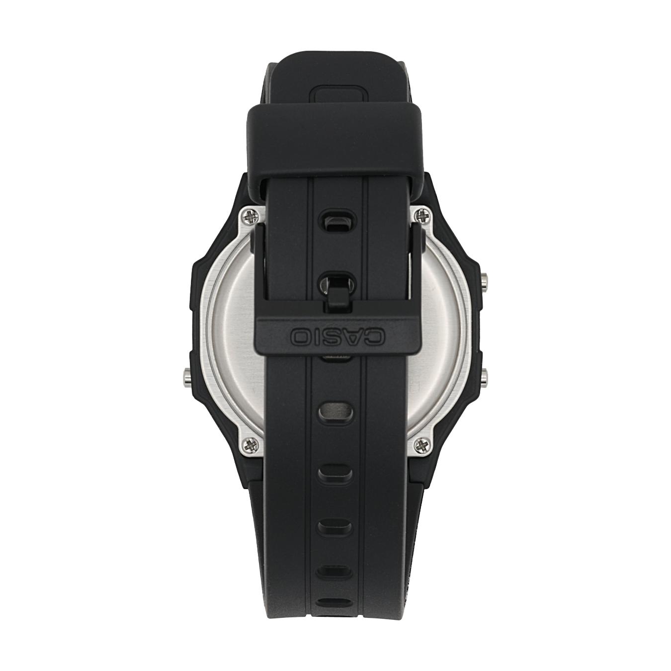 Casio F108WH-1ACF digital watch caseback with stainless steel back plate and black resin strap with buckle closure and engraved branding