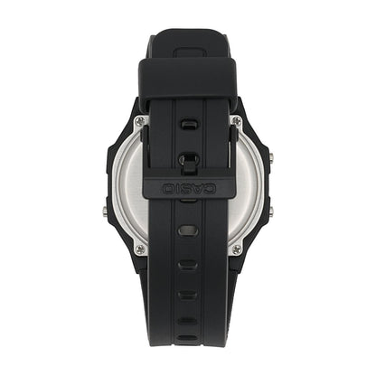 Casio F108WH-1ACF digital watch caseback with stainless steel back plate and black resin strap with buckle closure and engraved branding