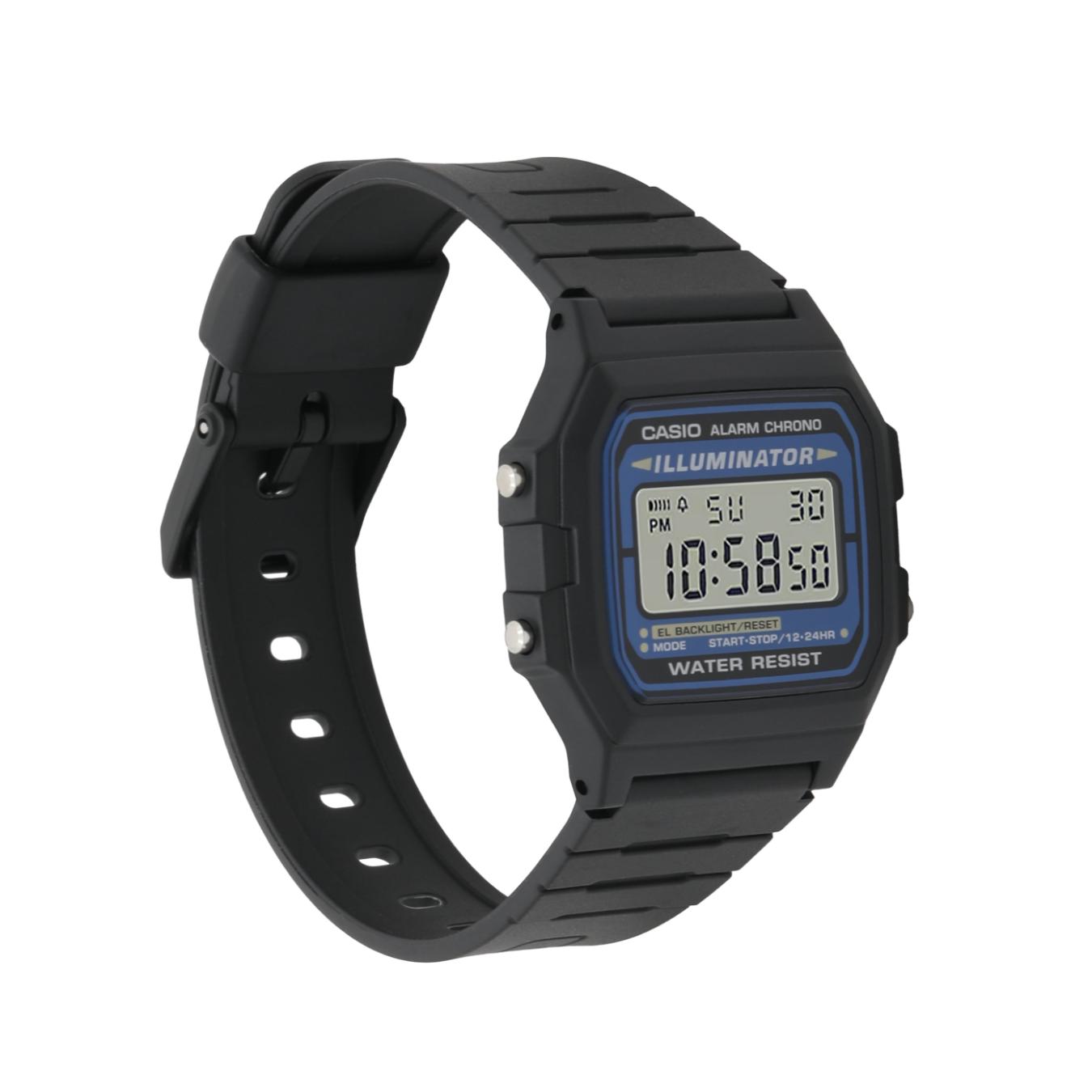 Casio F108WH-1ACF digital sport watch with black resin case, square display and black resin strap shown in angled view with lightweight design