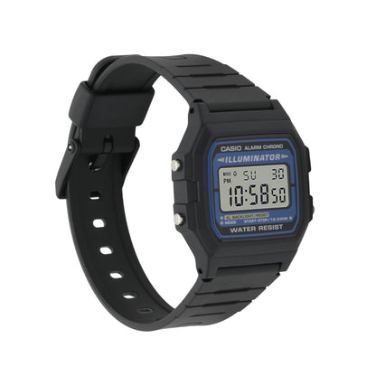 Casio F108WH-1ACF digital sport watch with black resin case, square display and black resin strap shown in angled view with lightweight design