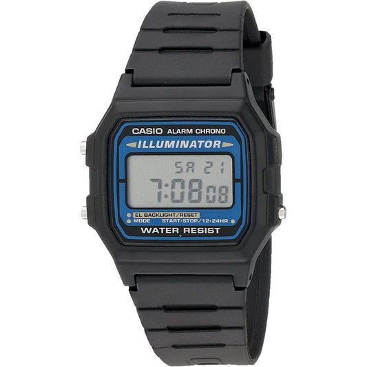 Casio F108WH-1ACF digital sport watch with black resin case, square display and black resin strap with illuminator function