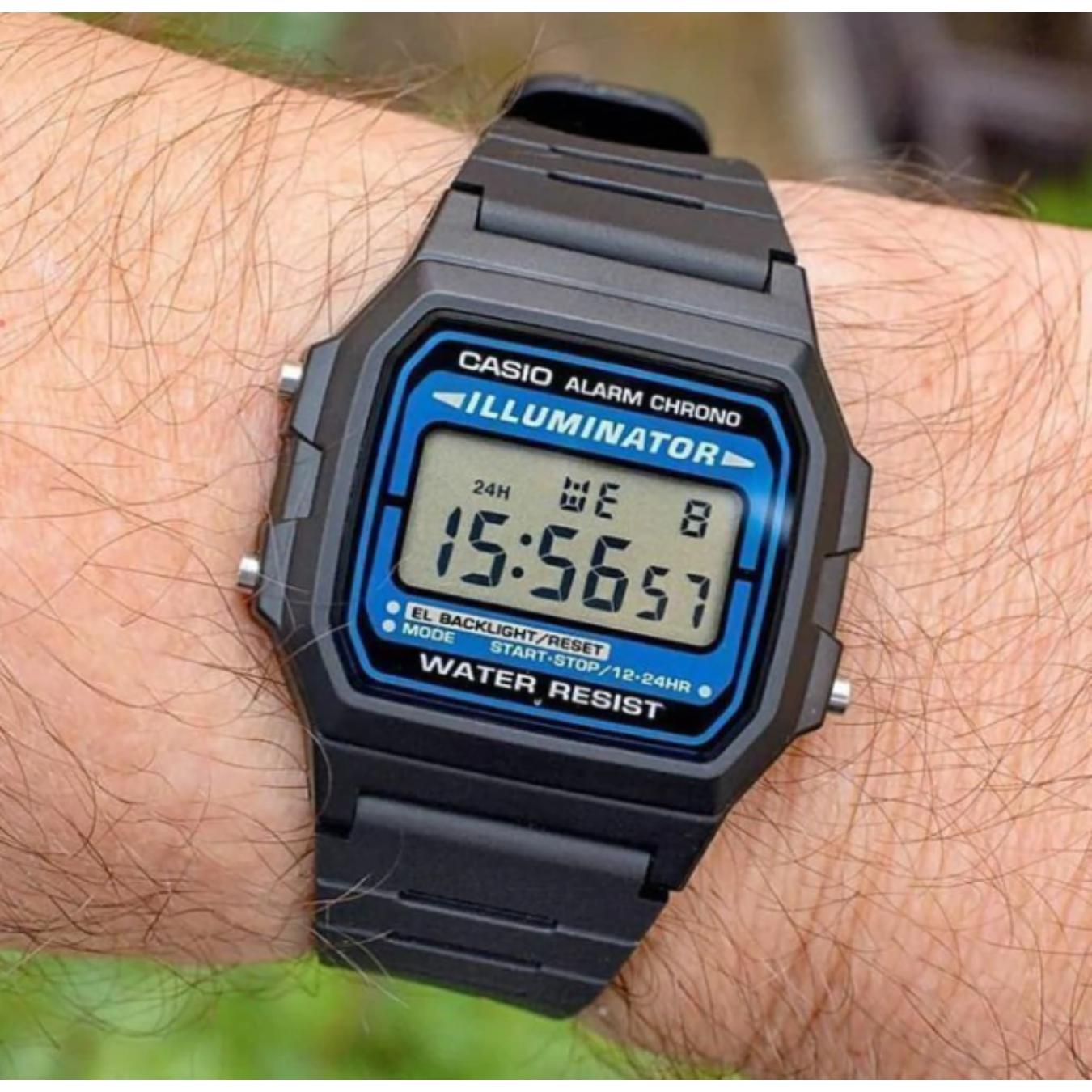 Casio F108WH-1ACF digital sport watch with black resin case, square display and black resin strap worn on wrist with lightweight durable design