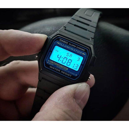 Casio F108WH-1ACF digital watch with illuminated blue backlight display, black resin case and strap with easy to read screen in low light
