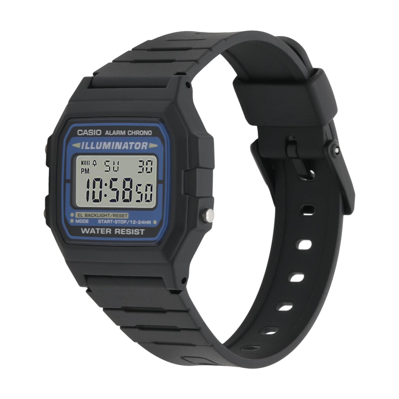 Casio F108WH-1ACF digital sport watch with black resin case, square display and adjustable black resin strap shown in side angle with buckle closure