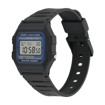 Casio F108WH-1ACF digital sport watch with black resin case, square display and adjustable black resin strap shown in side angle with buckle closure