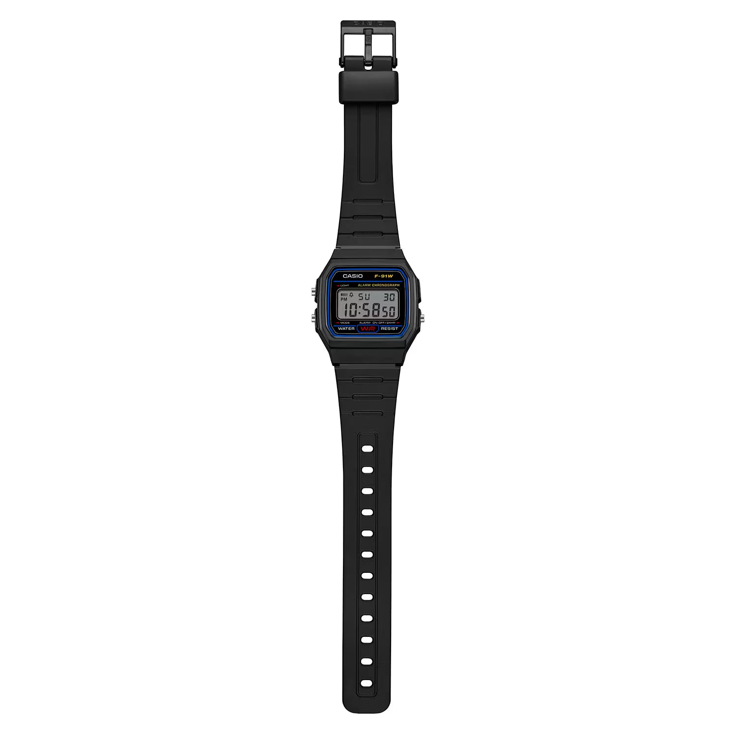 Reloj Casio F-91W digital negro mostrado con la pulsera completamente extendida sobre fondo blanco.