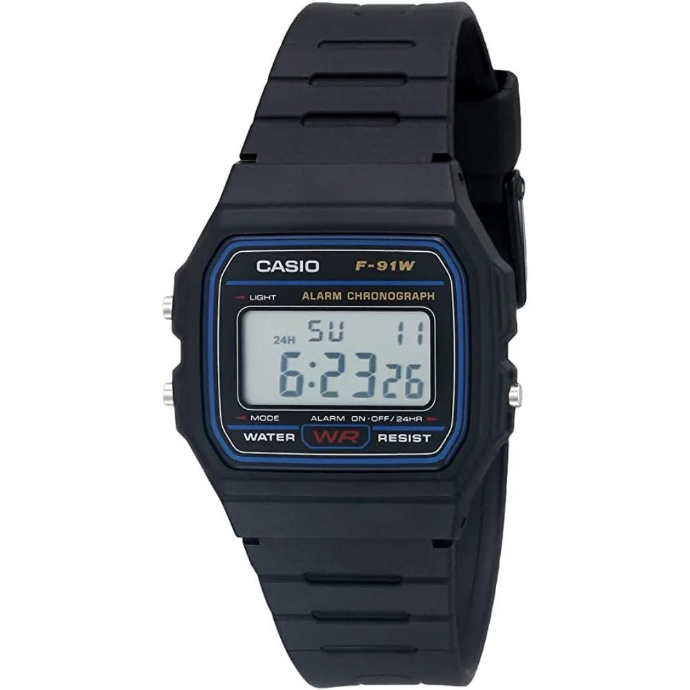 Reloj Casio F-91W digital negro, pantalla rectangular y correa de resina, visto de frente.