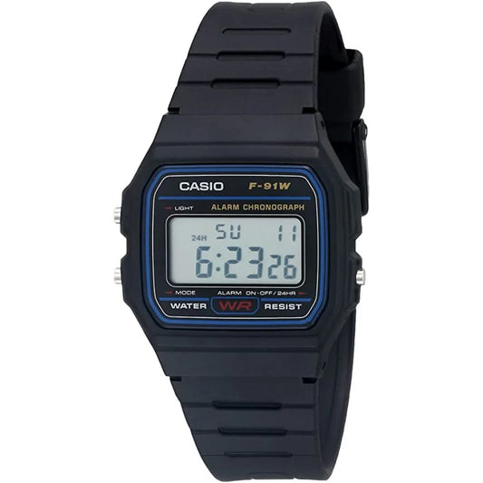Reloj Casio F-91W digital negro, pantalla rectangular y correa de resina, visto de frente.