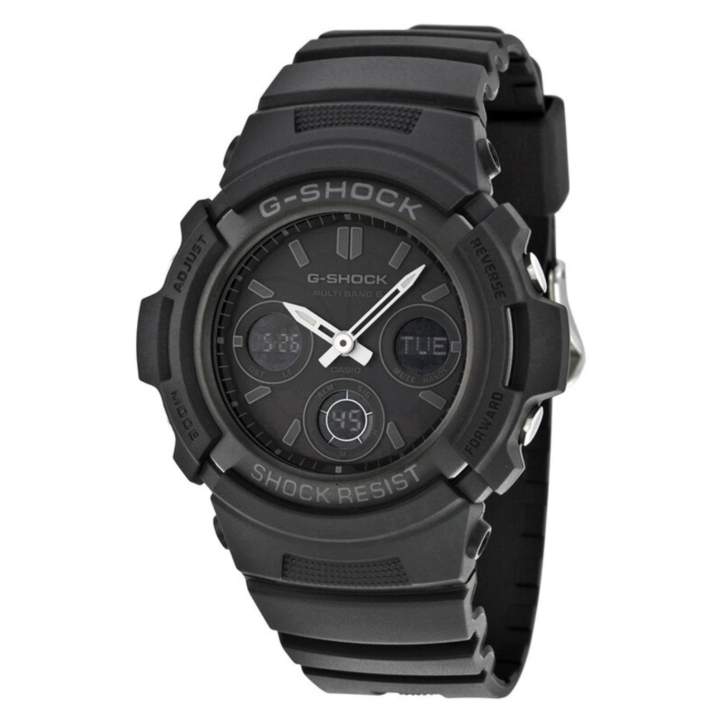 Casio G-Shock AWG-M100B-1A with a black analog-digital dial, silver-tone hands, raised hour markers, rugged black resin case, and matching resin band.