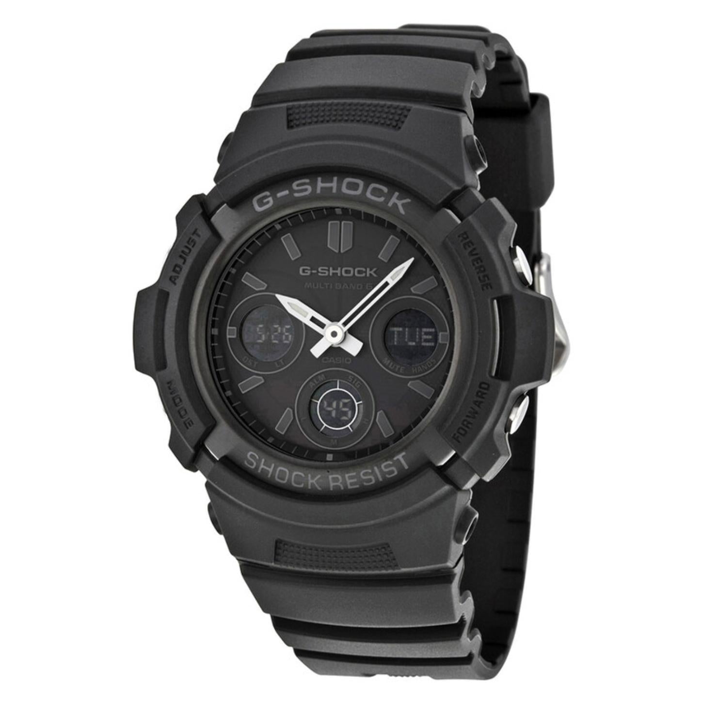 Casio G-Shock AWG-M100B-1A with a black analog-digital dial, silver-tone hands, raised hour markers, rugged black resin case, and matching resin band.