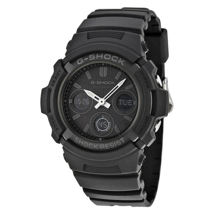 Casio G-Shock AWG-M100B-1A with a black analog-digital dial, silver-tone hands, raised hour markers, rugged black resin case, and matching resin band.