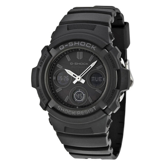 Casio G-Shock AWG-M100B-1A with a black analog-digital dial, silver-tone hands, raised hour markers, rugged black resin case, and matching resin band.