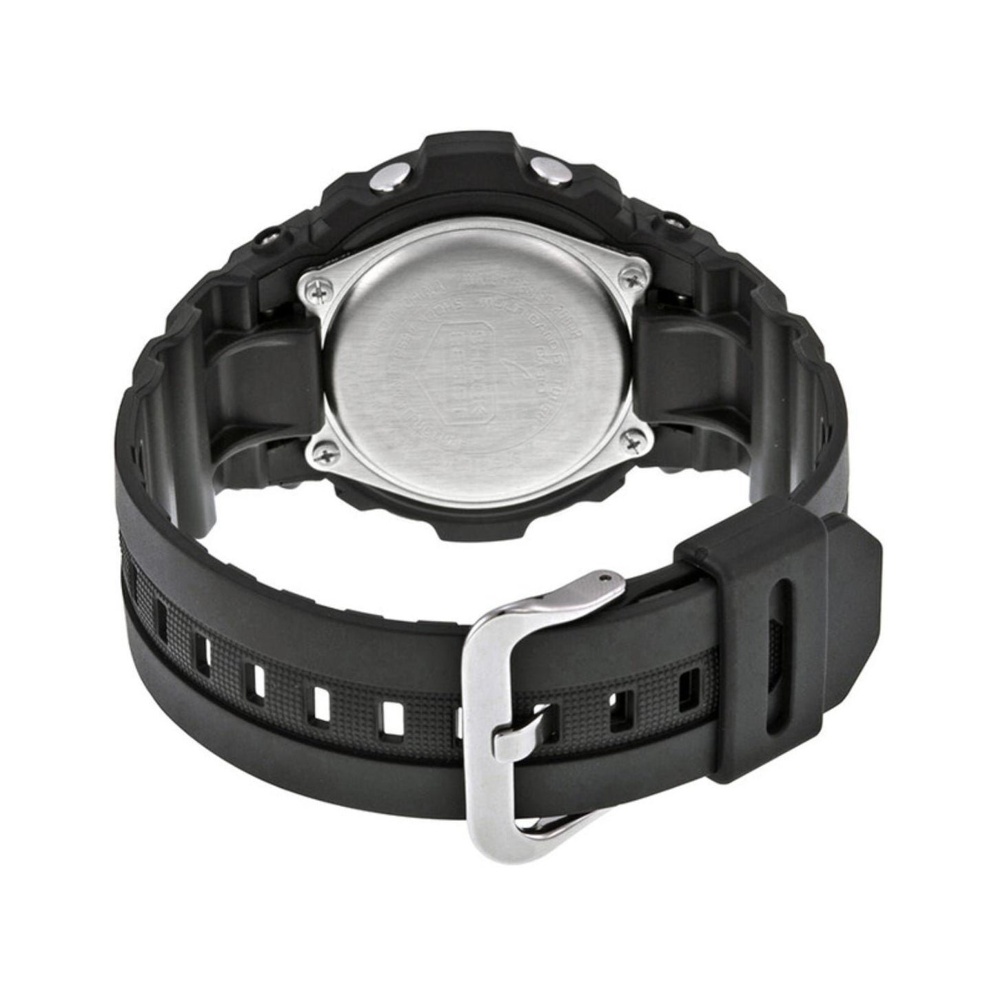 Casio G-Shock AWG-M100B-1A from the back with a stainless steel caseback secured by four screws, black resin band, and silver-tone buckle.
