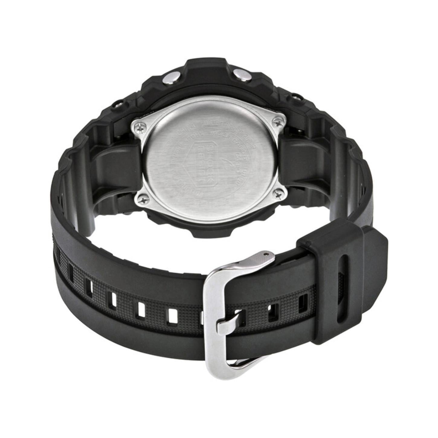 Casio G-Shock AWG-M100B-1A from the back with a stainless steel caseback secured by four screws, black resin band, and silver-tone buckle.