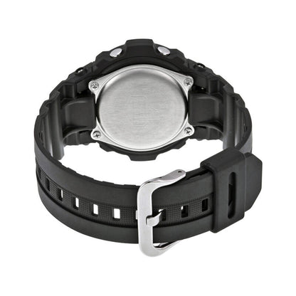 Casio G-Shock AWG-M100B-1A from the back with a stainless steel caseback secured by four screws, black resin band, and silver-tone buckle.