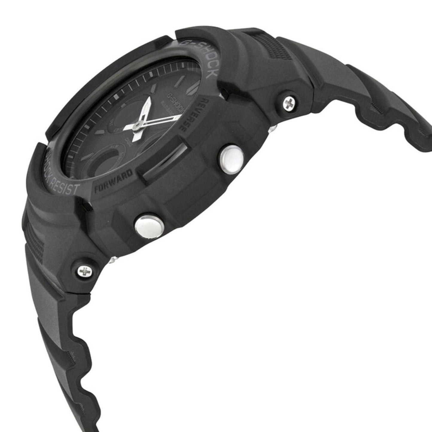 Casio G-Shock AWG-M100B-1A from the side with a rugged black resin case, raised protective bezel, silver-tone push buttons, exposed screws, and black resin band.