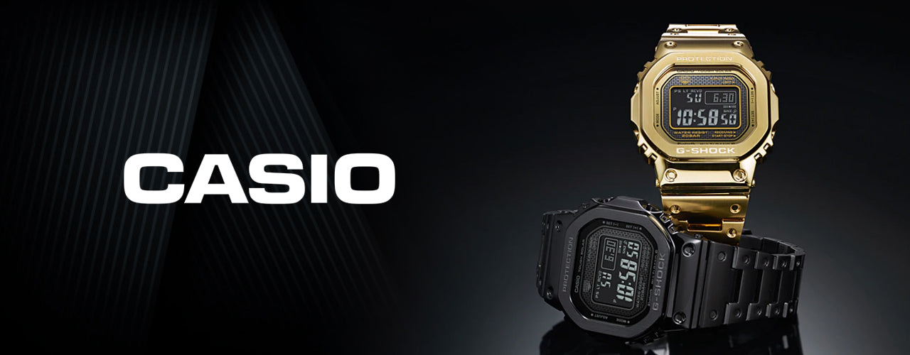 Casio G-Shock digital watches in gold metal and black resin with square cases, digital displays, and shock-resistant design