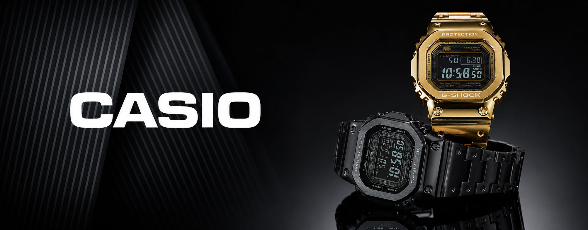 Casio G-Shock digital watches in gold-tone and black finishes with square displays, metal bracelets, and bold protective cases.
