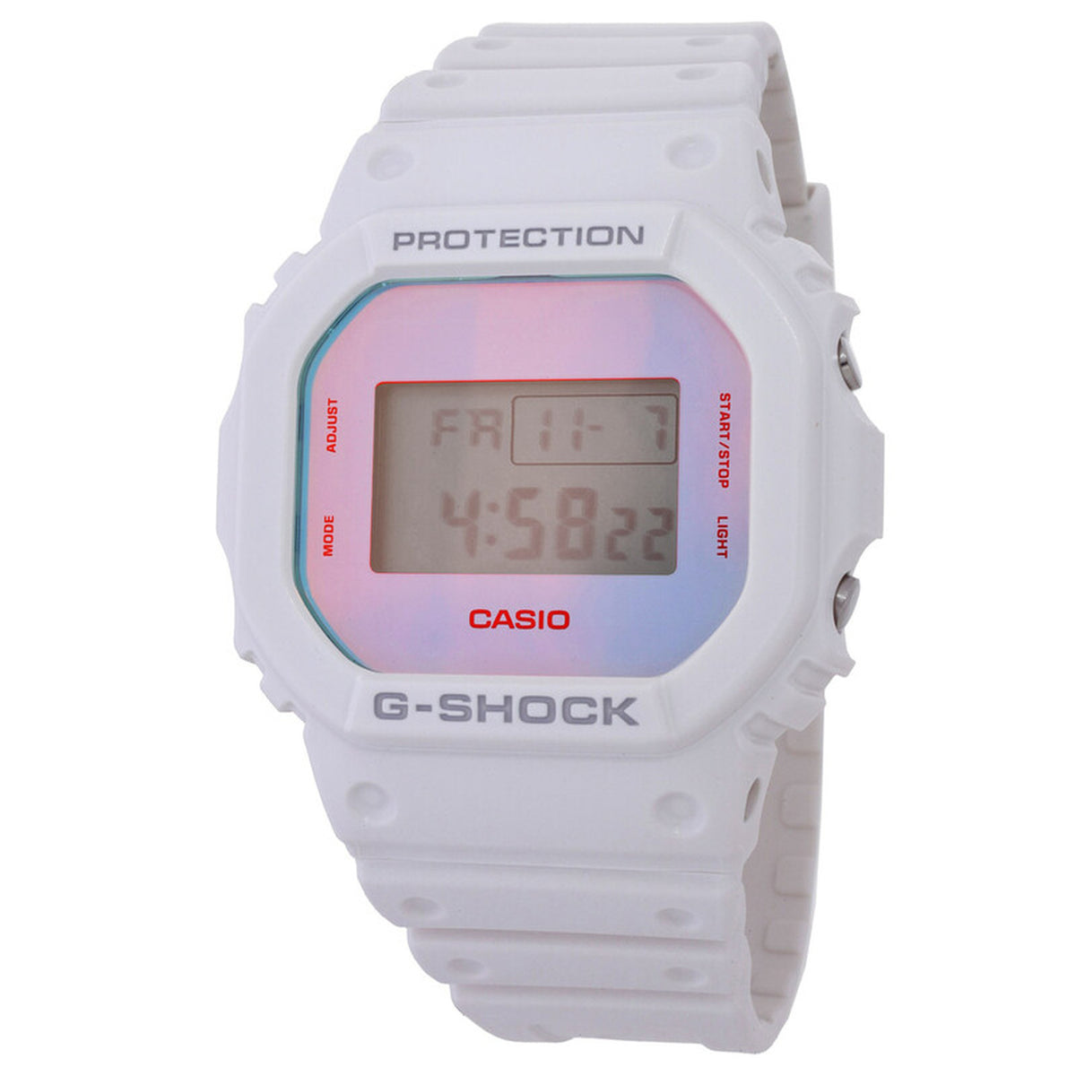 Casio G-Shock DW-5600TL-7 men’s digital watch with a white case and strap, square digital display, and an iridescent color-shifting dial with red accents.