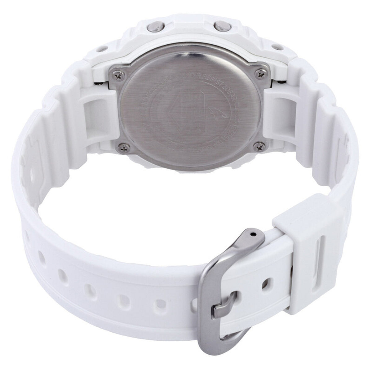 Casio G-Shock DW-5600TL-7 men’s digital watch with a stainless steel caseback, white resin strap, metal buckle, and visible rear screws.